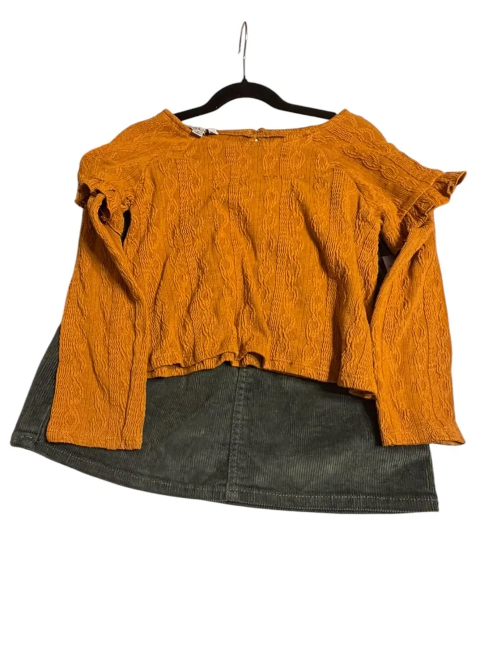 Pippa & Julie Mustard Cable Knit Ruffle Top H & M Green Corduroy Skirt NWT Sz 6